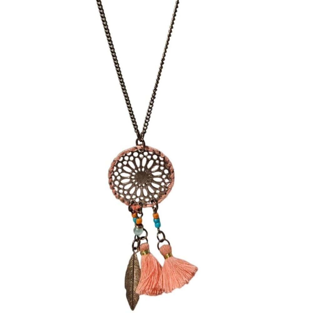 Southwest Dreamcatcher Pendant Necklace Tassels Beads Bronze Tone Chain Jewelry
